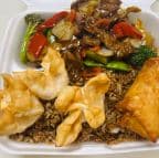 Best D15. Crab Rangoon, Egg Roll, Fried Rice and Szechuan Beef Dinner Combo in Medford, MA